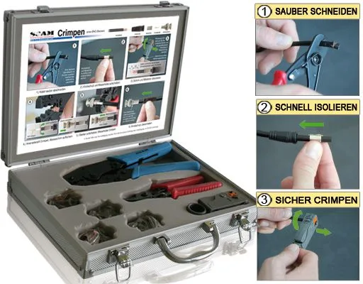 Crimp-Set für Koaxstecker im Servicekoffer, 5teiliger Crimp Satz / Kabelschneider, Abisolierw. ,Crimpzange